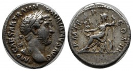 Hadrian, (AD 117-138). AR Denarius (19mm, 3.47g). Rome. IMP CAESAR TRAIAN HADRIANVS AVG. Laureate head right. / P M TR P COS III. Roma seated left on ...