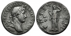 Hadrian, 117-138 AD. AR (17mm, 2.83g). Rome Mint. IMP CAESAR TRAIAN HADRIANVS AVG. Laureate head of Hadrian right. / P M TR P COS III. Hilaritas stand...