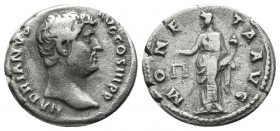 Hadrian. AD 117-138. AR Denarius (17mm, 3.05g). Rome. HADRIANVS AVG COS III P P, bare head right / MONETA AVG, Moneta standing left, holding scales an...