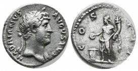 Hadrian. AD 117-138. AR Denarius (18mm, 2.96g). Rome. HADRIANVS AVGVSTVS, laureate bust right with draped far shoulder / COS III, Genius standing left...