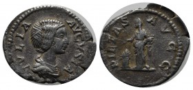 Julia Domna, Augusta, 193-217. AR Denarius (18mm, 2.36g). Rome. AD 196-211. IVLIA AVGVSTA. Draped bust of Julia Domna to right. / PIETAS AVGG. Veiled ...