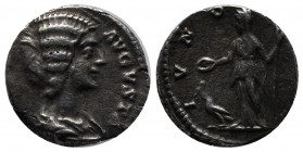 Julia Domna, Issue under Septimius Severus, 193 - 211 AD. AR Denarius (16mm, 3.74g). Rome. IVLIA AVGVSTA, Draped bust of Julia right. / IVNO. Juno, ve...