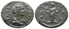 Julia Domna. AD 193-211. AR Denarius (20mm, 2.75g). Rome. IVLIA AVGVSTA. Draped bust right. / FELICITAS, Felicitas standing left, holding caduceus and...