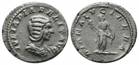 Julia Domna. AR Denarius (18mm, 2.47g). Rome, AD 211-217. IVLIA PIA FELIX AVG. Draped bust right. / DIANA LVCIFERA. Diana standing left, holding torch...