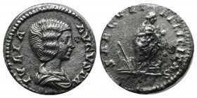 Julia Domna. Augusta, AD 193-217. AR Denarius (17mm, 2.27g). Rome mint. Struck under Septimius Severus, circa AD 200-207. Draped bust right / Isis, we...