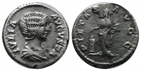 Julia Domna. Augusta, AD 193-217. AR Denarius (17mm, 2.77g). Rome. Struck under Septimius Severus, circa AD 200-207. Draped bust right. / Pietas stand...