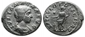 Julia Maesa (Augusta, 218-224/5). AR Denarius (19mm, 2.24g). Rome, 220-2. Draped bust right. / Felicitas standing left, holding patera over altar and ...
