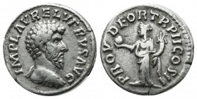Lucius Verus. AD 161. AR Denarius (18mm, 3.27g). Rome. IMP L AVREL VERVS AVG, bare head right / PROV DEOR TR P COS II, Providentia standing left, hold...