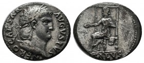 Nero. AD 54-68. AR Denarius (18mm, 3.38g). Rome. Struck circa AD 65-66. Laureate head right. / Salus seated left on ornamented throne, holding patera ...