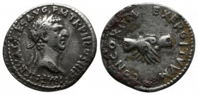 Nerva. AD 96-98. AR denarius (17mm-2.34 gm). AD 97. Rome. IMP NERVA CAES AVG P M TR P II COS III P P, laureate head of Nerva right / CONCORDIA-EXERCIT...