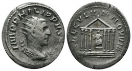 Philip I, AD 249. AR Antoninianus (22mm, 3.00g). Rome. IMP PHILIPPVS AVG. Radiate, draped and cuirassed bust right. / SAECVLVM NOVVM. Hexastyle temple...
