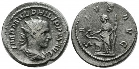 Philip I. AD 244-249. AR Antoninianus (22mm, 4.39g). Rome, AD 244. Radiate, draped, and cuirassed bust right. / Salus standing left, feeding from pate...
