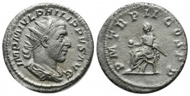Philip I. AD 245. AR Antoninianus (21mm, 3.82g). Rome. IMP M IVL PHILIPPVS AVG. Radiate, draped and cuirassed bust right. / P M TR P II COS P P. Phili...
