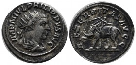 Philip II. AD 247-249. AR Antoninianus (21mm, 4.39g). Antioch. Radiate and draped bust right. / Elephant walking left, guided by mahout with goad and ...