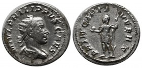 Philippus II. AD 247-249. AR Denar (22mm, 3.78g). Rome. M IVL PHILPPVS CAES, radiate draped and cuirassed bust right. / PRINCIPI IVVENT, Philip II, in...