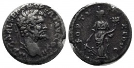 Septimius Severus (194-195). AR Denarius (17mm, 2.36g). Emesa. IMP CAE L SEP SEV PERT AVG COS II, laureate head right / FORTVN REDVC, Fortuna standing...