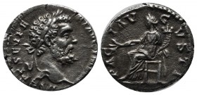 Septimius Severus (AD 193–211). AR Denarius (17mm, 3.26g). AD 194. Laureate head of Septimius Severus right. / Pax enthroned left, holding branch and ...
