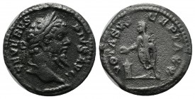 Septimius Severus, 193 - 211 AD. AR Denarius (18mm, 2.47g). Rome. SEVERVS PIVS AVG, Laureate head of Septimius right. / VOTA SVSEPTA XX, Severus stand...