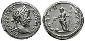 Septimius Severus. 193-211 AD. AR Denarius (19mm, 3.10g). Rome, 198-200 AD. Laureate head right. / Providentia standing left, holding wand over globe ...