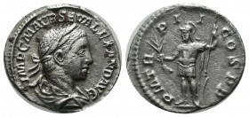 Severus Alexander. 222-235 AD. AR Denarius (19mm, 2.52g). Rome, 223 AD. IMP C M AVR SEV ALEXAND AVG. Bust laureate, draped right. / P M TR P II COS P ...