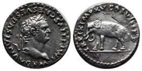 Titus, AD(79-81). AR Denarius (17mm, 3.05g). Rome. IMP TITVS CAES VESPASIAN AVG P M. Laureate head right. / TR P IX IMP XV COS VIII P P. Elephant adva...