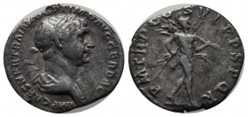 Trajan (98-117). AR Denarius (18mm, 3.07g). Rome. IMP CAES NER TRAIANO OPTIMO AVG GER DAC. Laureate and draped bust right. / P M TR P COS VI P P S P Q...