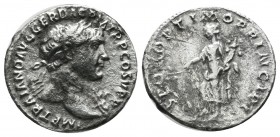Trajan AD.98-117. AR (18mm, 2.97g). Rome mint. IMP TRAIANO AVG GER DAC P M TR P COS V P P, laureate bust of Trajan right, with slight drapery. / S P Q...