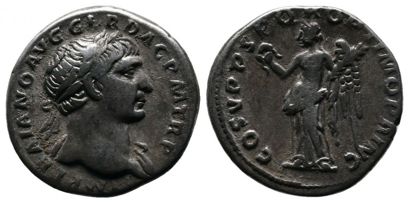 Trajan, AD 98-117. AR Denarius (17mm-3.21g). Rome. c.107-8 AD. Laureate bust rig...