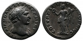 Trajan, AD 98-117. AR Denarius (17mm-3.21g). Rome. c.107-8 AD. Laureate bust right, slight drapery on far shoulder. / Victory standing left, holding w...