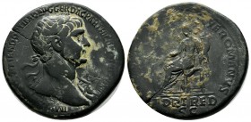 Trajan. AD 98-117. AE Sestertius (33mm, 25.39g). Rome, Struck AD 114-116. Laureate and draped bust right. / Fortuna seated left, holding rudder and co...