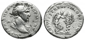 Trajan. AD 98-117. AR Denarius (19mm, 3.21g). Rome. IMP TRAIANO AVG GER DAC P M TR P. Laureate bust right, slight drapery on left shoulder. / COS V P ...