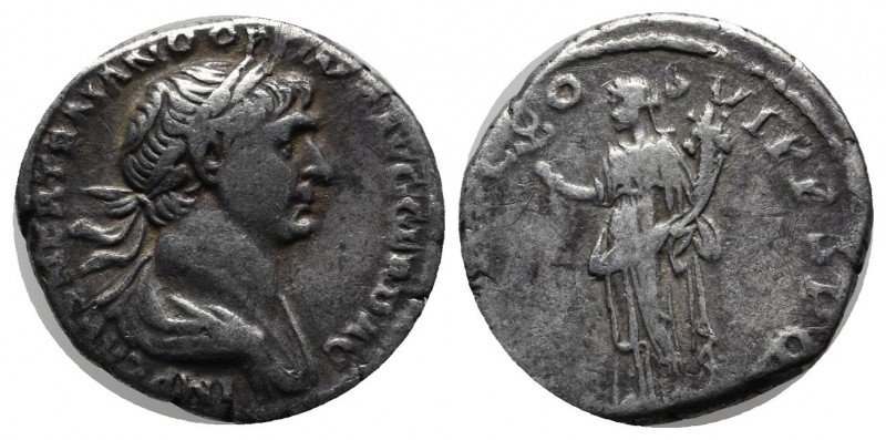 Trajan. AD. 98-117. AR Denarius (18mm, 3.10g). Rome mint, struck AD. 116-17. IMP...