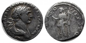Trajan. AD. 98-117. AR Denarius (18mm, 3.10g). Rome mint, struck AD. 116-17. IMP CAES NER TRAIAN OPTIM AVG GERM DAC. Laureate and draped bust right. /...