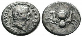 Vespasian (Died 79). AR Denarius (18mm, 2.77g). Rome. Struck under Titus. DIVVS AVGVSTVS VESPASIANVS. Laureate head right. / Foreparts of two capricor...