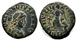 Arcadius. AD.383-408. AE (13mm, 1.56g). Antioch. D N ARCADIVS P F AVG, diademed, draped and cuirassed bust of Arcadius right / SALVS REI-PVBLICAE, Vic...