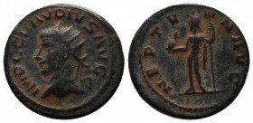 Claudius II Gothicus. AD 268-270. AE Antoninianus (20mm, 3.70g). Antioch mint. Radiate head left / Neptune standing facing, head left, holding dolphin...