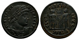 Constantine I (307/310-337). AE (17mm, 2.60g). Alexandria, 327-8. Rosette-diademed, draped and cuirassed bust right. / Two soldiers flanking two stand...
