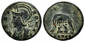 Constantine I, AD 330-333. AE (17mm, 2.54g).Constantinople. VRBS ROMA, helmeted and cuirassed bust left. / She-wolf standing left, suckling the twins ...