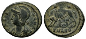 Constantine I. AD 333-334. AE (16mm, 2.00g). Antiochia mint. VRBS - ROMA, helmeted bust of Roma left with imperial cloak / She-wolf standing left, suc...