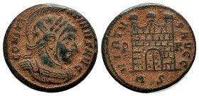 Constantine I. AD. 307-337. AE (18mm, 3.58g). Rome mint. CONSTA-NTINVS AVG. Helmeted and cuirassed bust right / VIRTV-S AVGG. Camp-gate with no doors ...
