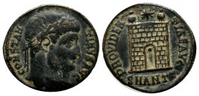 Constantine I. AE (20mm, 2.96g). Antioch, AD 326-327. CONSTANTINVS AVG, laureate head right. / PROVIDENTIAE AVGG, camp-gate with no doors and two turr...