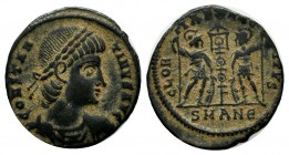 Constantine II, as Caesar, AE (16mm, 1.46g). Antioch, AD 330-335. CONSTANTINVS IVN NOB C, diademed, draped and cuirassed bust right / GLORIA EXERCITVS...