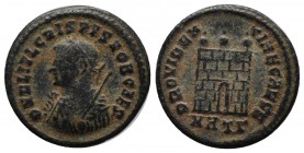 Crispus (Caesar, 316-326). AE Follis (18mm, 2.74g). Heraclea. D N FL IVL CRISPVS NOB CAES. Laureate and draped bust left, holding mappa and globe, sce...