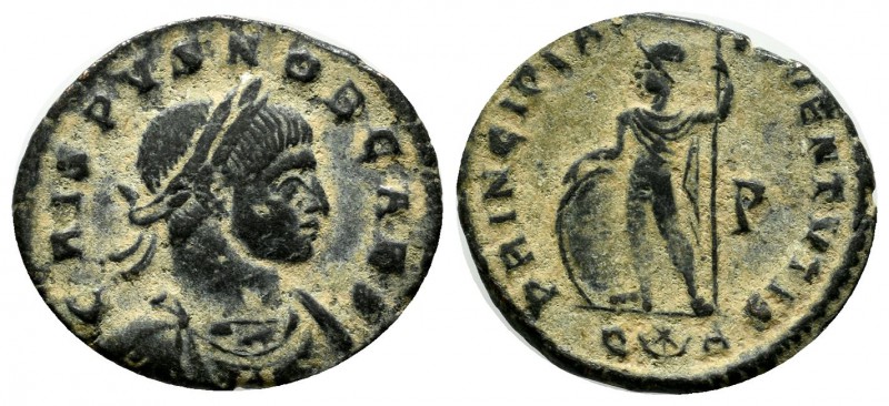 Crispus, AE (19mm, 2.63g) . Arles, AD 318. CRISPVS NOB CAES, laureate, draped an...