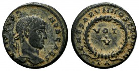 Crispus. Caesar, AD. 317-326. AE 3 (18mm, 3.14g). Arles mint, struck AD. 321. CRISPVS NOB CAES.Llaureate head right. / CAESARVM NOSTRORVM. Around VOT ...