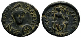 Honorius. AD.393-423. AE (17mm, 2.28g). Antioch mint, A.D. 406-408. D N HONORIVS P F AVG, helmeted head 3/4 facing, holding spear over shoulder and sh...
