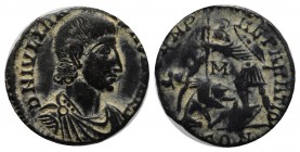 Julian II (Caesar, 355-360 AD.). AE (16mm, 2.12g).Arelate mint. D N IVLIANVS NOB CAES. Bareheaded, draped and cuirassed bust right. / FEL TEMP REPARAT...