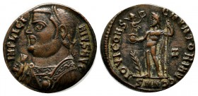 Licinius I, AD 308-324. AE Follis (18mm, 3.16g). Nicomedia, AD 317-320. IMP LICINIVS AVG Laureate and draped bust of Licinius to left holding mappa in...