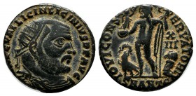 Licinius I, AD 308-324.AE Follis (18mm, 3.05g). Antiochia, 5th officina AD 321-323. IMP C VAL LICIN LICINIVS PF AVG, radiate, draped and cuirassed bus...