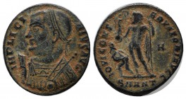 Licinius I. 308 - 324 AD. AE Follis (19mm, 3.00g). Antiochia. IMP LICI-NIVS AVG. Laureate bust left, wearing imperial mantle, holding globe, scepter, ...